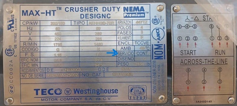 Placa característica motor trifásico de inducción jaula de ardilla 200 HP.