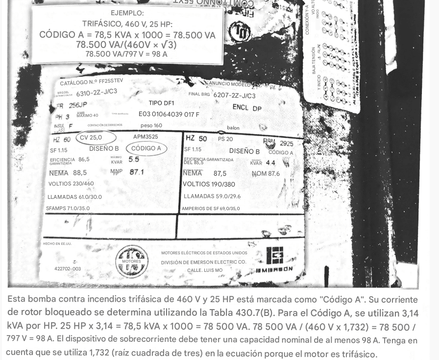 Bomba trifásica de 25 HP, 460 V y Código A: 78,5 kVA 98 A bloqueados. Proteja con dispositivo ≥ 98 A.